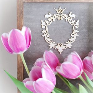 decorative laser cut chipboard ornament frame with crown and two tiny bunnies