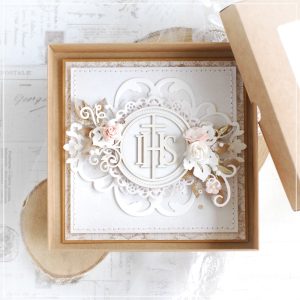 personalised first holy communion card decorated with laser cut chipboard ihs frame